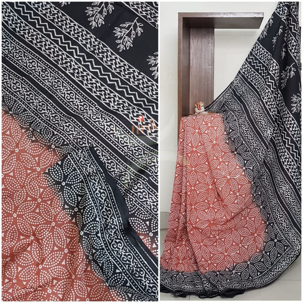 Handloom cotton bagru hand printed saree
