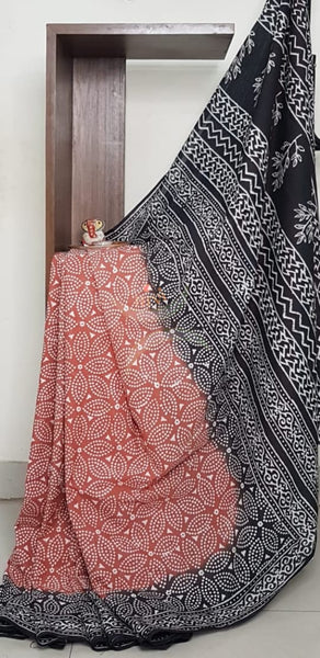 Handloom cotton bagru hand printed saree