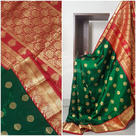 Bottle green with red kanjivaram  pure silk saree.