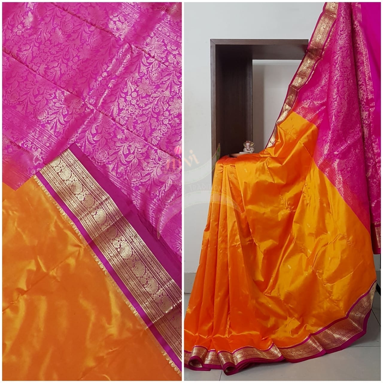 Mustard with pink handloom small Ghatti border pure south silk saree.