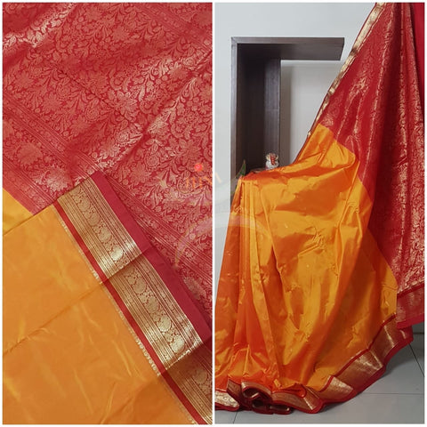 Mustard with maroon red handloom small Ghatti border pure south silk saree.