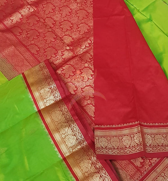 Green with maroon red handloom small Ghatti border pure south silk Saree.