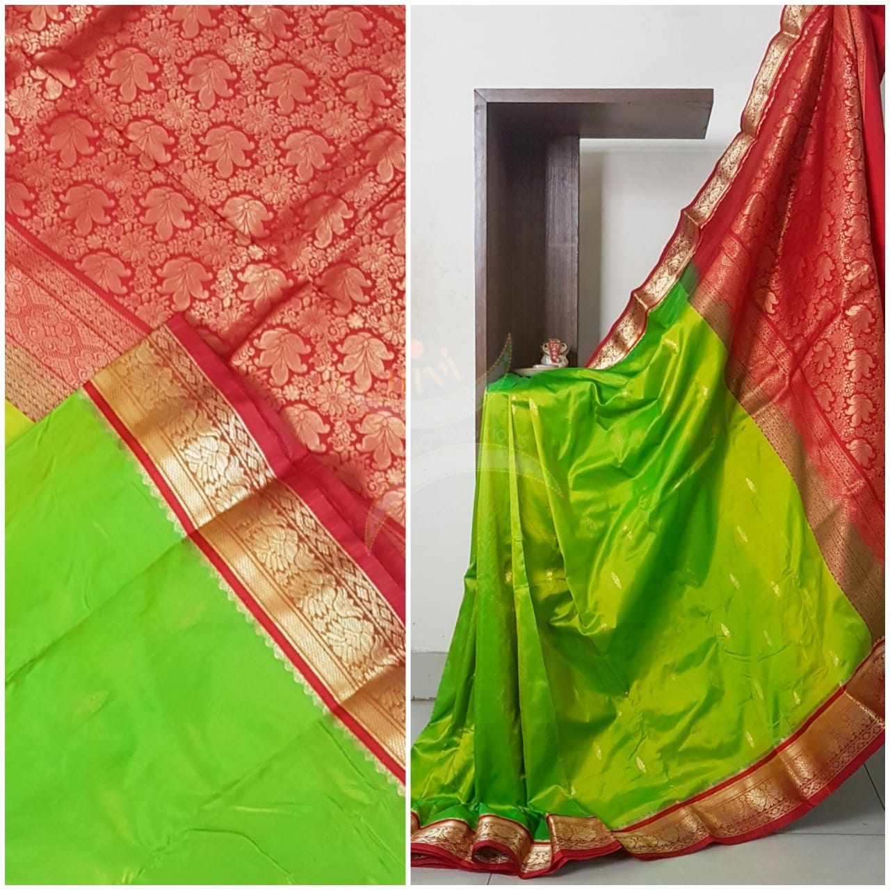 Green with maroon red handloom small Ghatti border pure south silk Saree.
