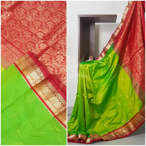 Green with maroon red handloom small Ghatti border pure south silk Saree.
