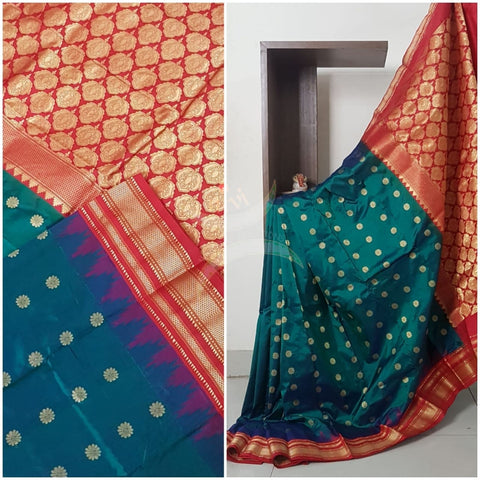 Teal green with red ilkal bordered pure silk Saree.