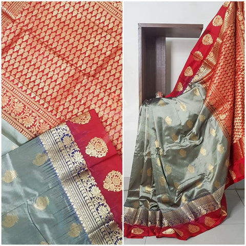 Grey with maroon red floral tone tone  woven bordered pure silk saree.