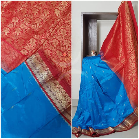 Blue with maroon red handloom small Ghatti border pure south silk saree.