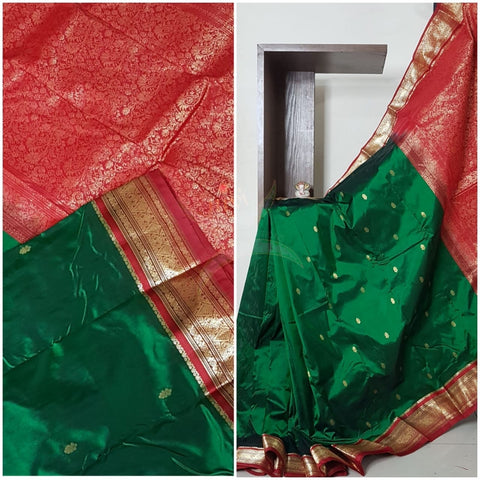 Green with maroon red handloom small Ghatti border pure south silk saree.