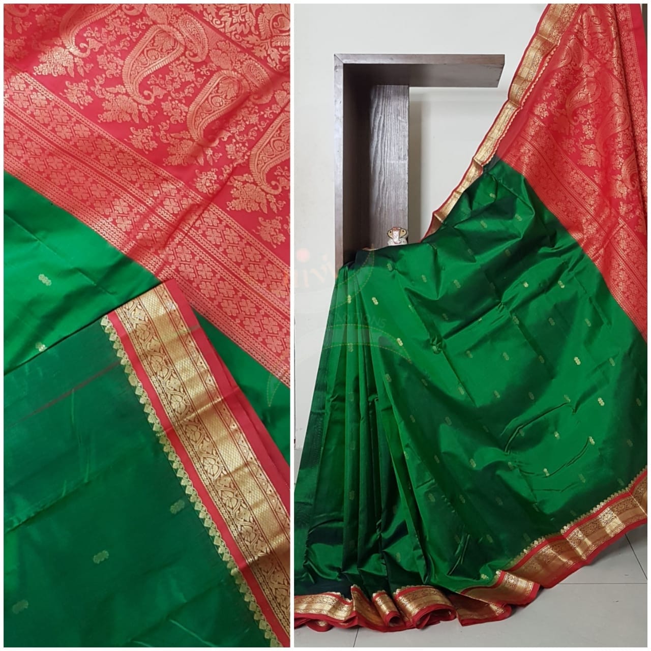 Green with maroon red handloom small Ghatti border pure south silk saree.