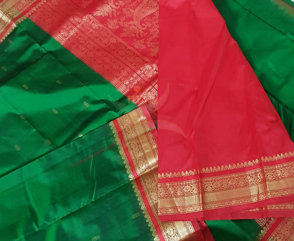 Green with maroon red handloom small Ghatti border pure south silk saree.