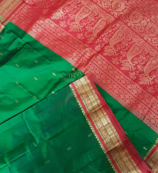 Green with maroon red handloom small Ghatti border pure south silk saree.