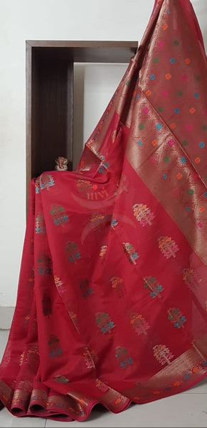 Benaras woven dupion silk cotton with antique  zari weaving.