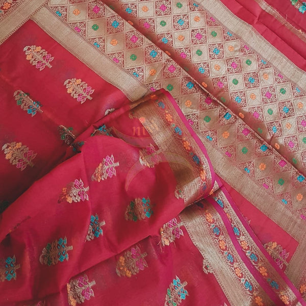 Benaras woven dupion silk cotton with antique  zari weaving.