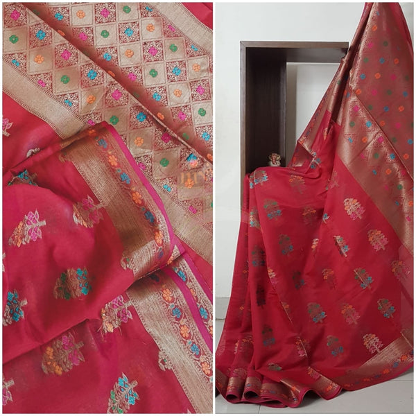 Benaras woven dupion silk cotton with antique  zari weaving.