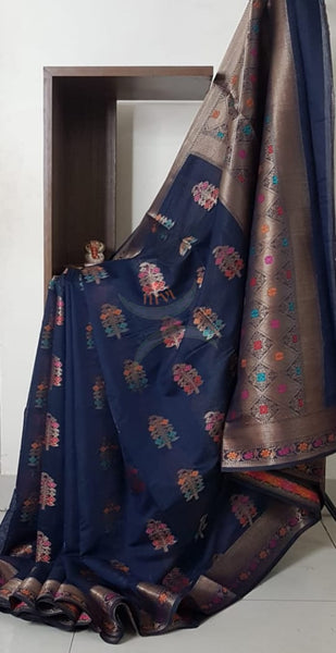 Benaras woven dupion silk cotton with antique  zari weaving.