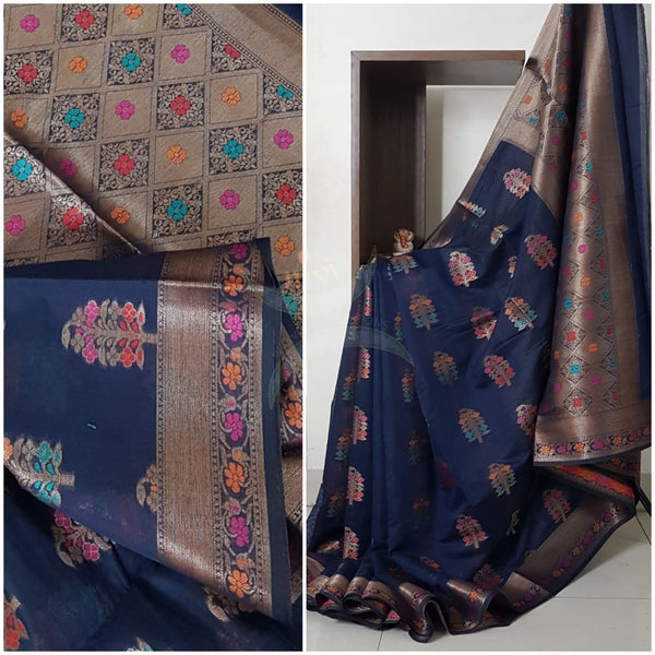 Benaras woven dupion silk cotton with antique  zari weaving.