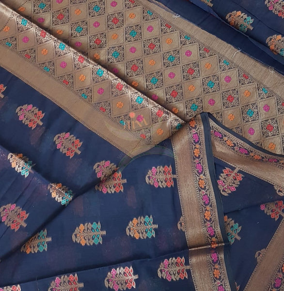 Benaras woven dupion silk cotton with antique  zari weaving.