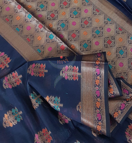 Benaras woven dupion silk cotton with antique  zari weaving.