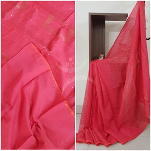 Peachish pink Bengal handloom woven saree with sequins work.