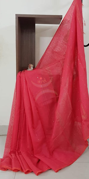 Peachish pink Bengal handloom woven saree with sequins work.