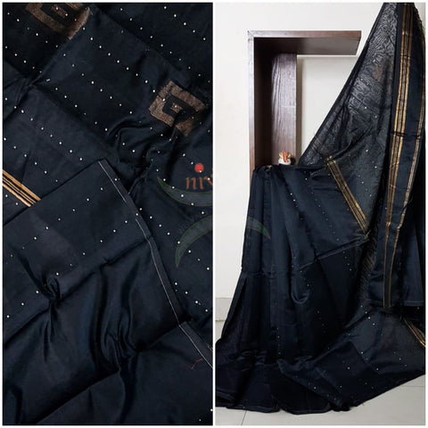 Black Bengal handloom woven saree with sequins work.