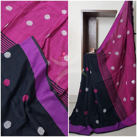 Handloom 80s count Linen saree with contrasting pink pallu.