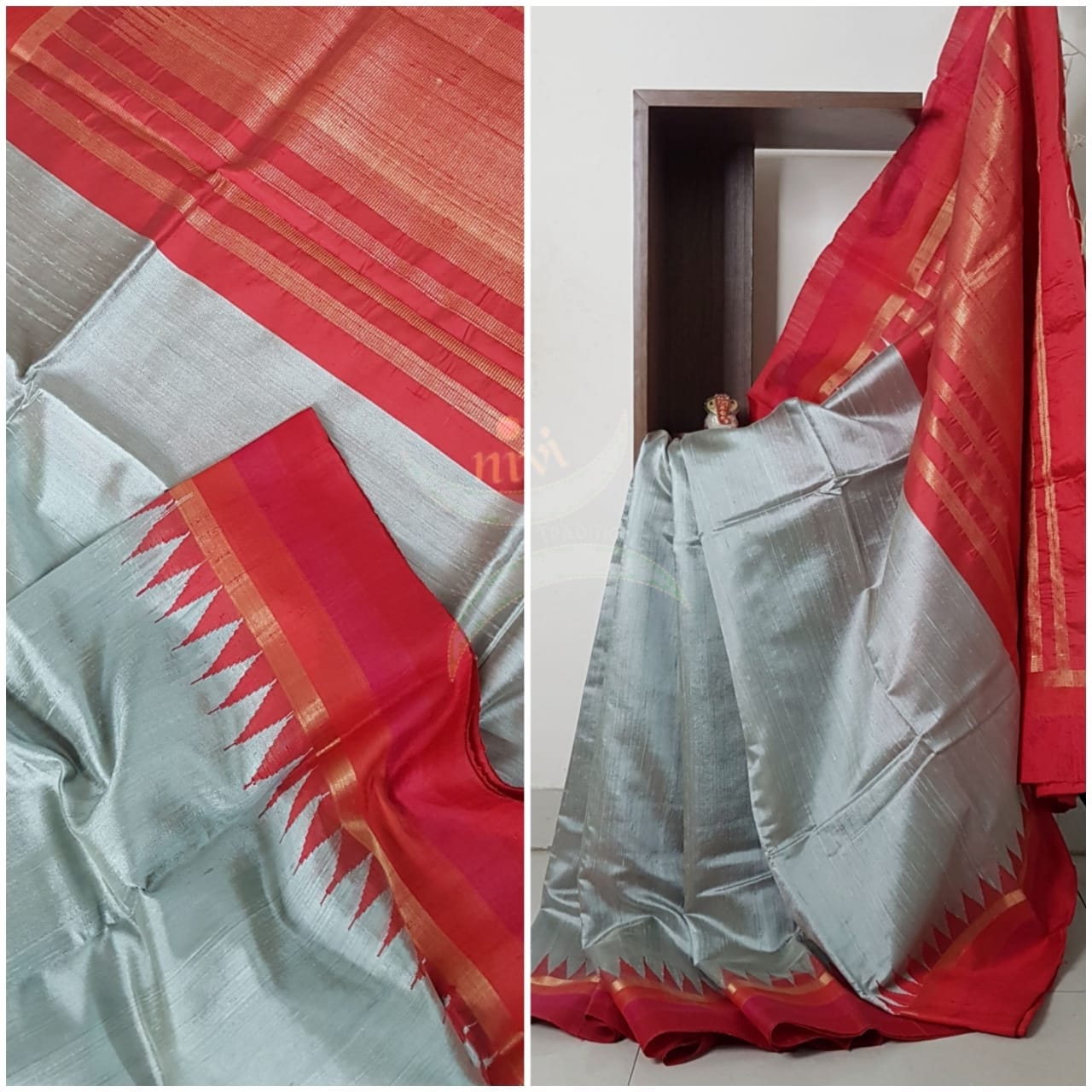 Handloom pure silk ilkal tussar temple border saree.