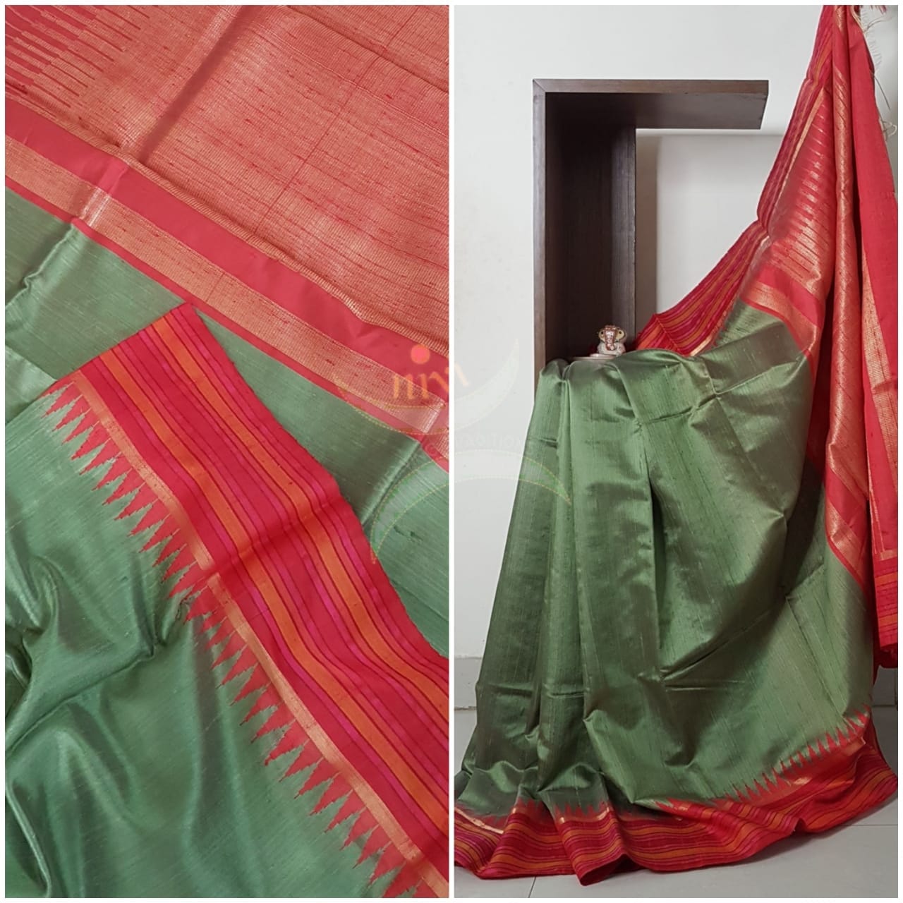 Handloom pure silk ilkal tussar temple border saree.