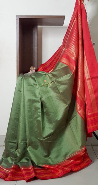 Handloom pure silk ilkal tussar temple border saree.