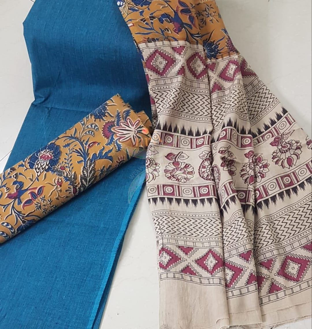 Handloom mangalgiri top and kalamkari printed bottom and dupatta