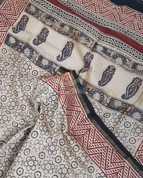 Handloom handblock printed kalamkari chenderi suit set with cotton bottom.