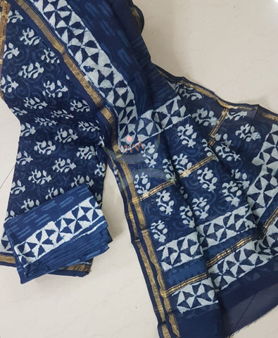 Handloom handblock printed indigo Chenderi suit set with cotton bottom.