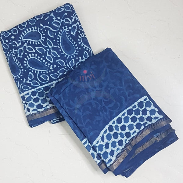 Handloom handblock printed indigo Chenderi suit set with chenderi bottom.