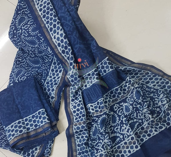 Handloom handblock printed indigo Chenderi suit set with chenderi bottom.