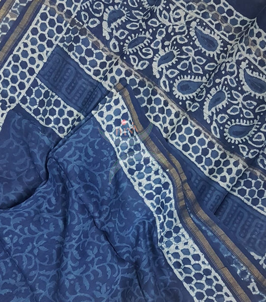 Handloom handblock printed indigo Chenderi suit set with chenderi bottom.