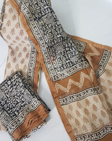 Handloom bagru handblock printed Chenderi suit set with chenderi bottom.