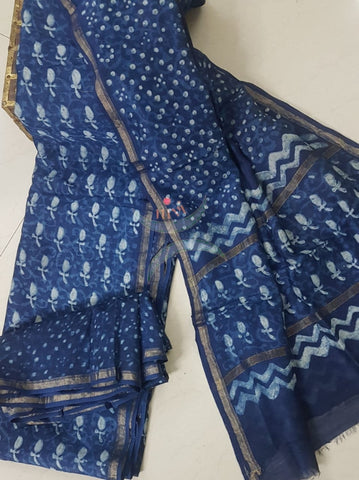 Handloom handblock printed indigo Chenderi suit set with chenderi bottom.