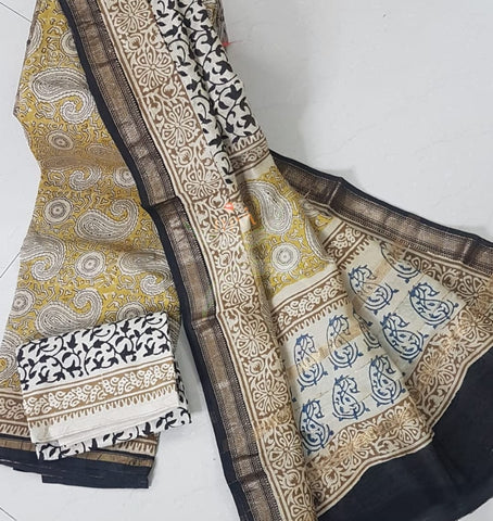 Handloom Bagru handblock printed chenderi suit set with cotton bottom.