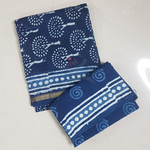 Handloom handblock printed indigo Chenderi suit set with cotton bottom.