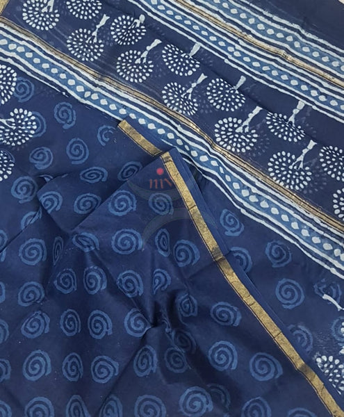 Handloom handblock printed indigo Chenderi suit set with cotton bottom.