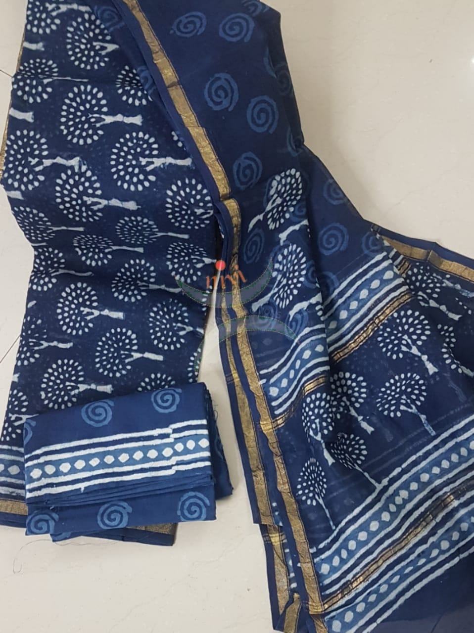 Handloom handblock printed indigo Chenderi suit set with cotton bottom.