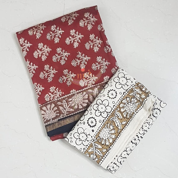 Handloom Bagru handblock printed chenderi suit set with cotton bottom.