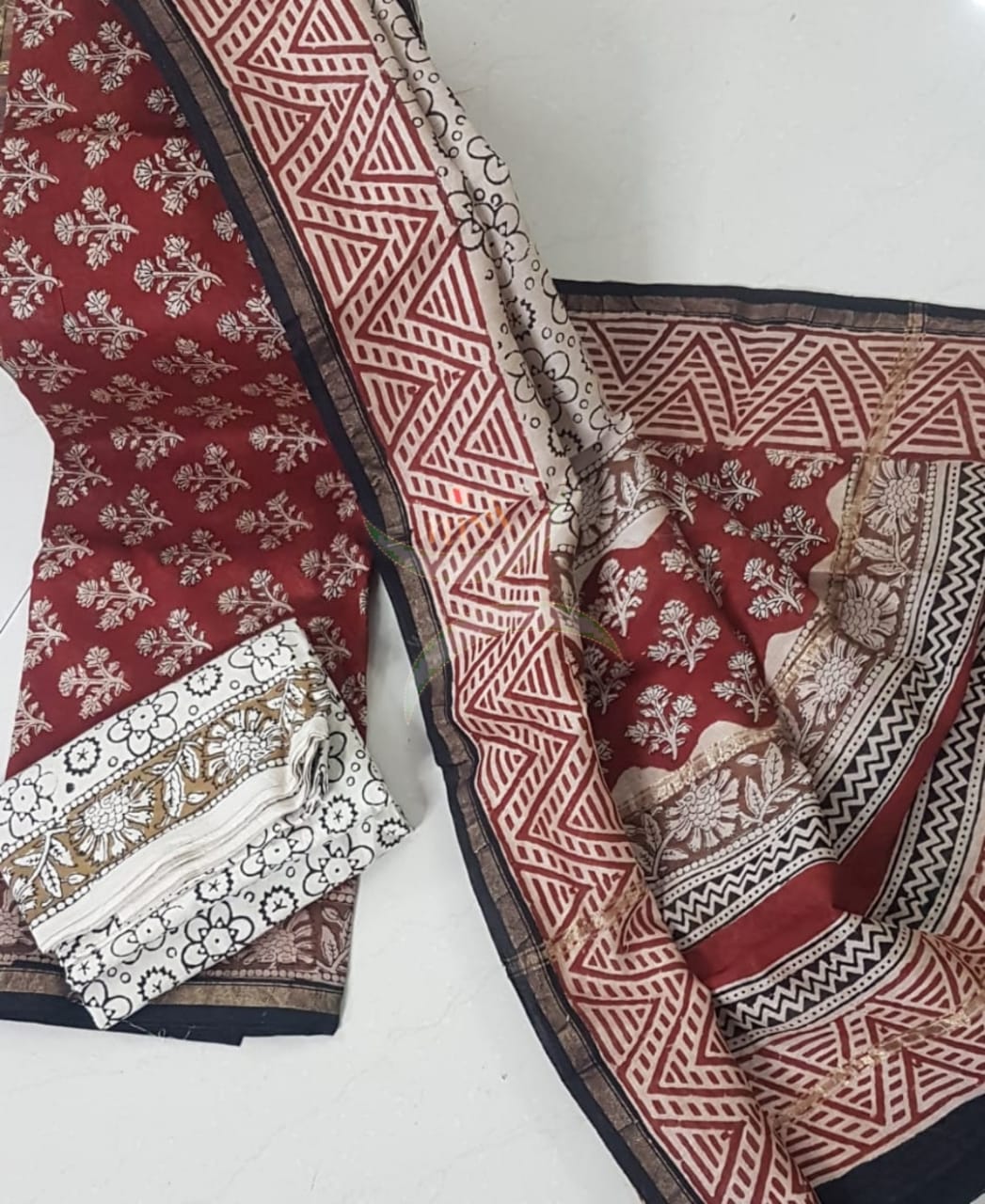 Handloom Bagru handblock printed chenderi suit set with cotton bottom.