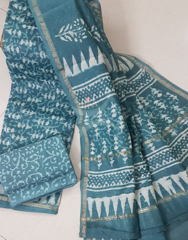 Handloom Bagru handblock printed chenderi suit set with cotton bottom.