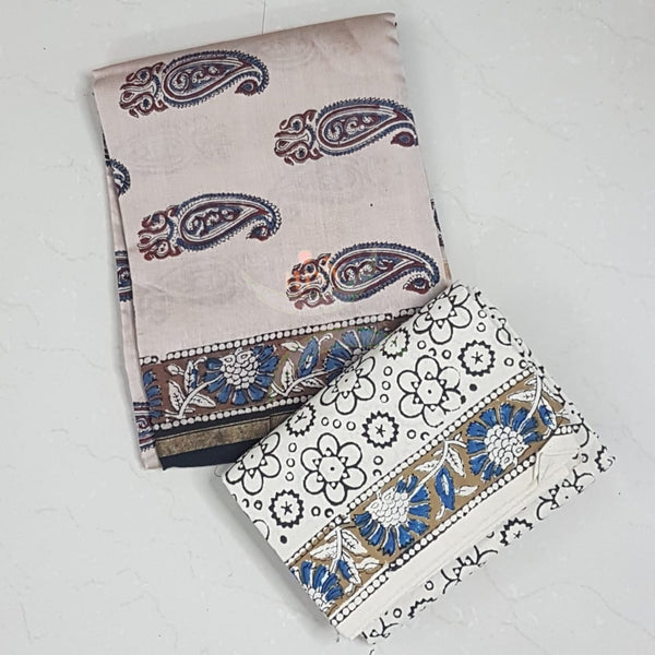 Handloom handblock printed kalamkari chenderi suit set with cotton bottom.