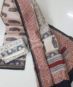 Handloom handblock printed kalamkari chenderi suit set with cotton bottom.