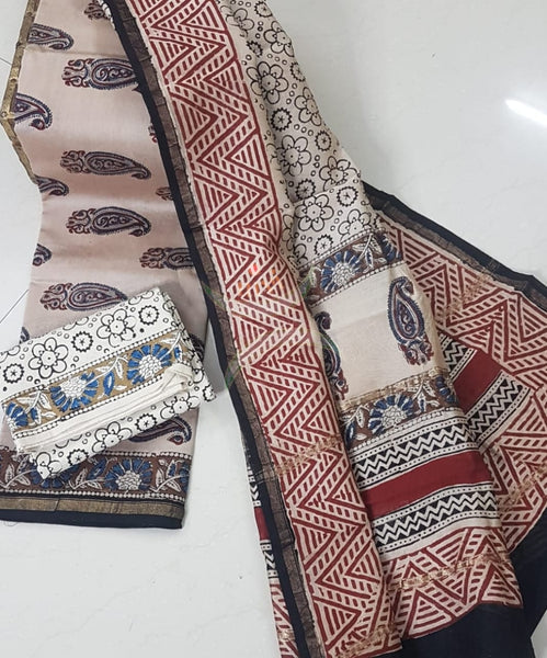 Handloom handblock printed kalamkari chenderi suit set with cotton bottom.