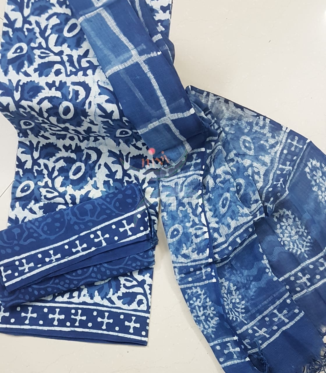 Indigo Handblock printed cotton suit piece with Kota doria duppata.