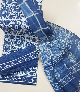 Indigo Handblock printed cotton suit piece with Kota doria duppata.