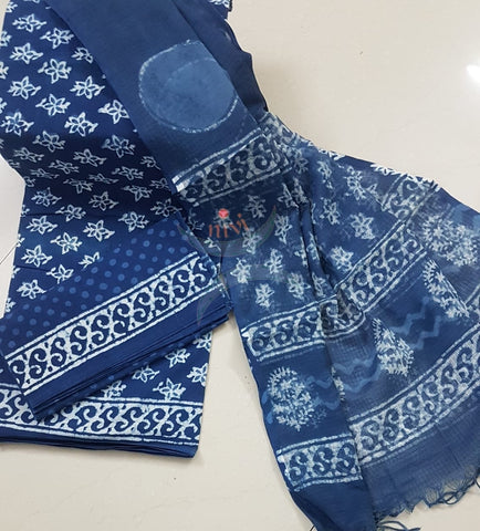 Indigo Handblock printed cotton suit piece with Kota doria duppata.